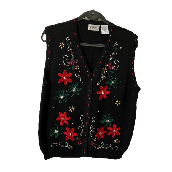 Vintage Tabi Sweater Vest Womens L Black Floral Beaded Christmas Holiday Granny - Picture 1 of 8
